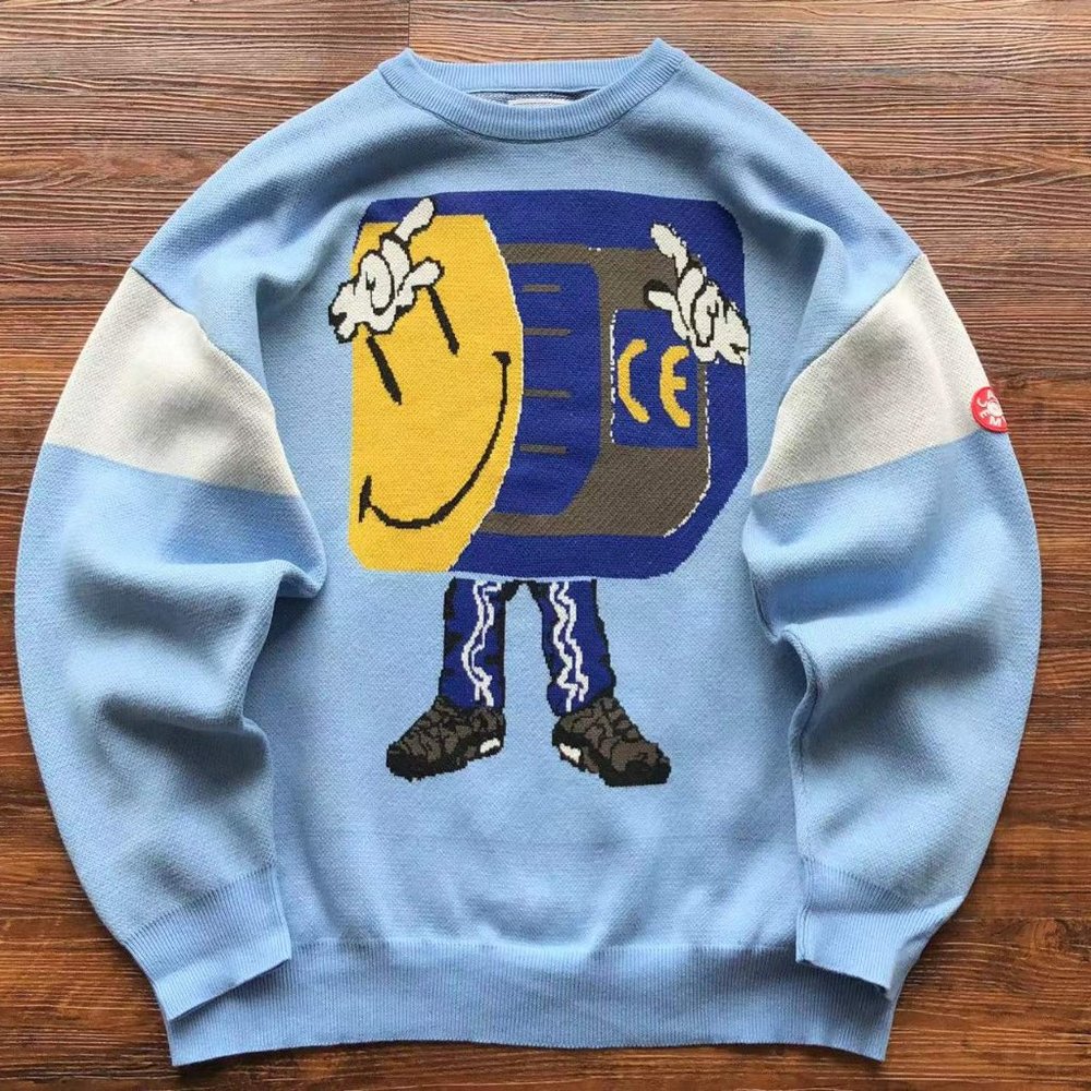 Cavermpt Blue Long Sleeve Smiley Loose Knit Sweater